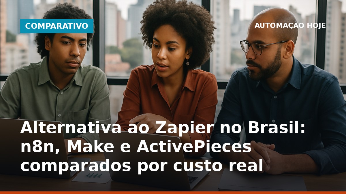 Profissionais brasileiros comparando alternativas ao Zapier por custo real em laptops em ambiente de trabalho.