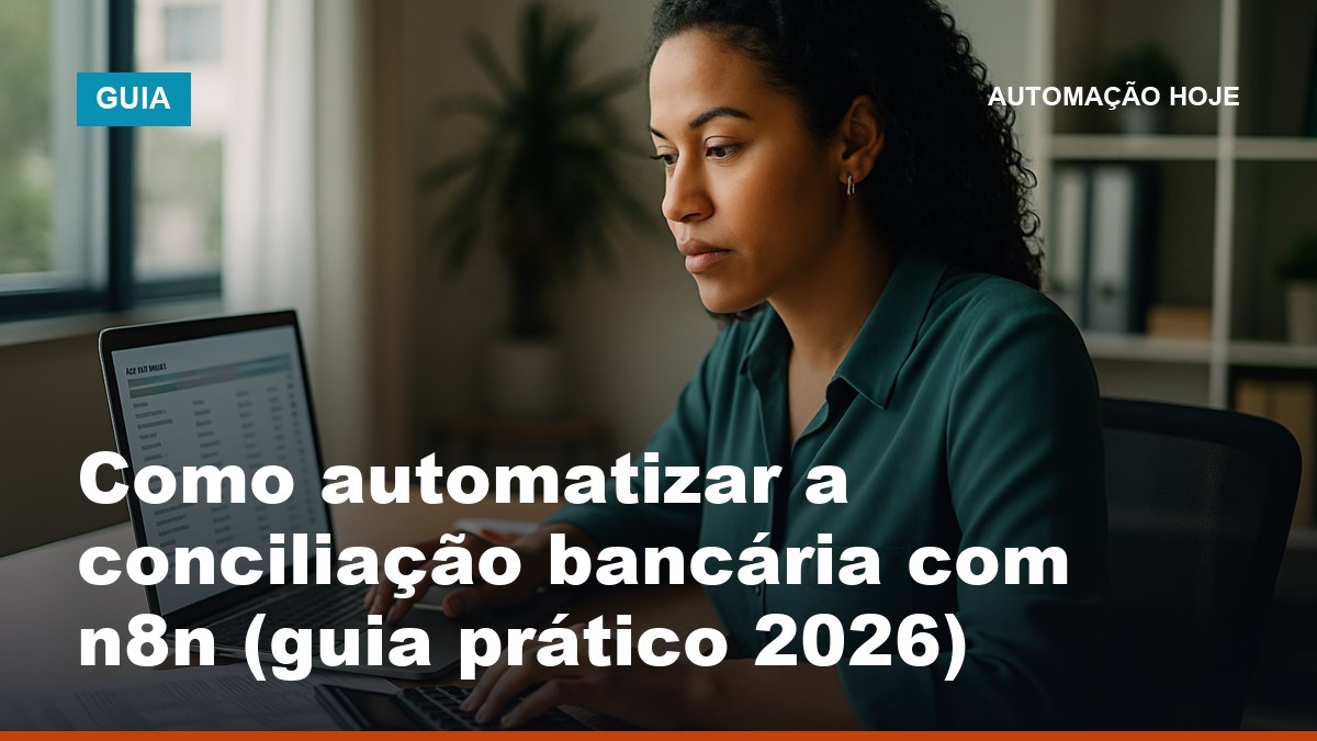 Profissional financeira automatizando a conciliação bancária com n8n no computador do escritório