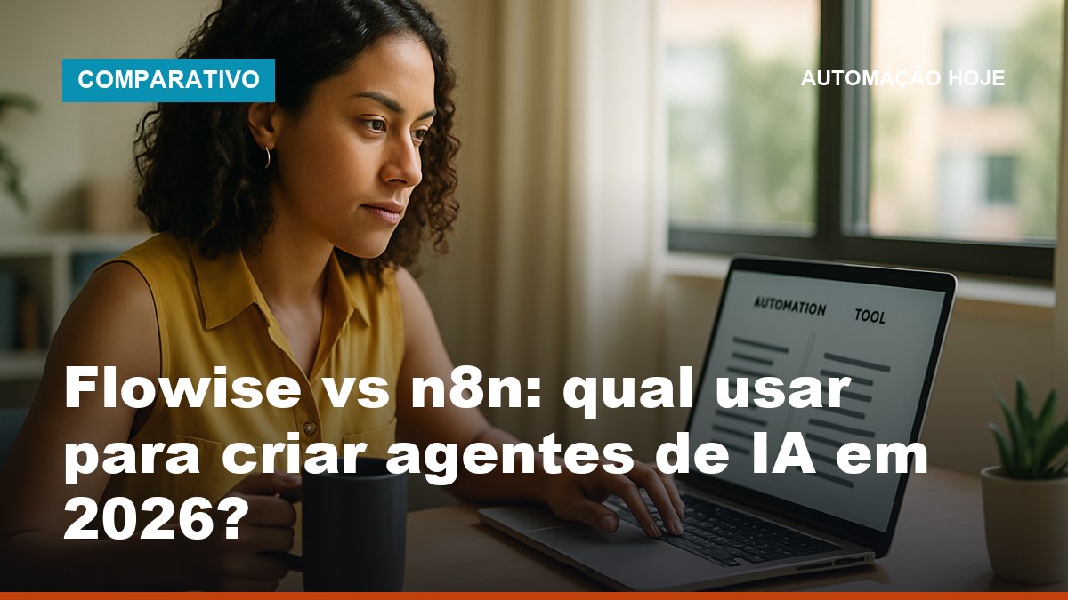 Profissional comparando Flowise vs n8n para criar agentes de IA no notebook