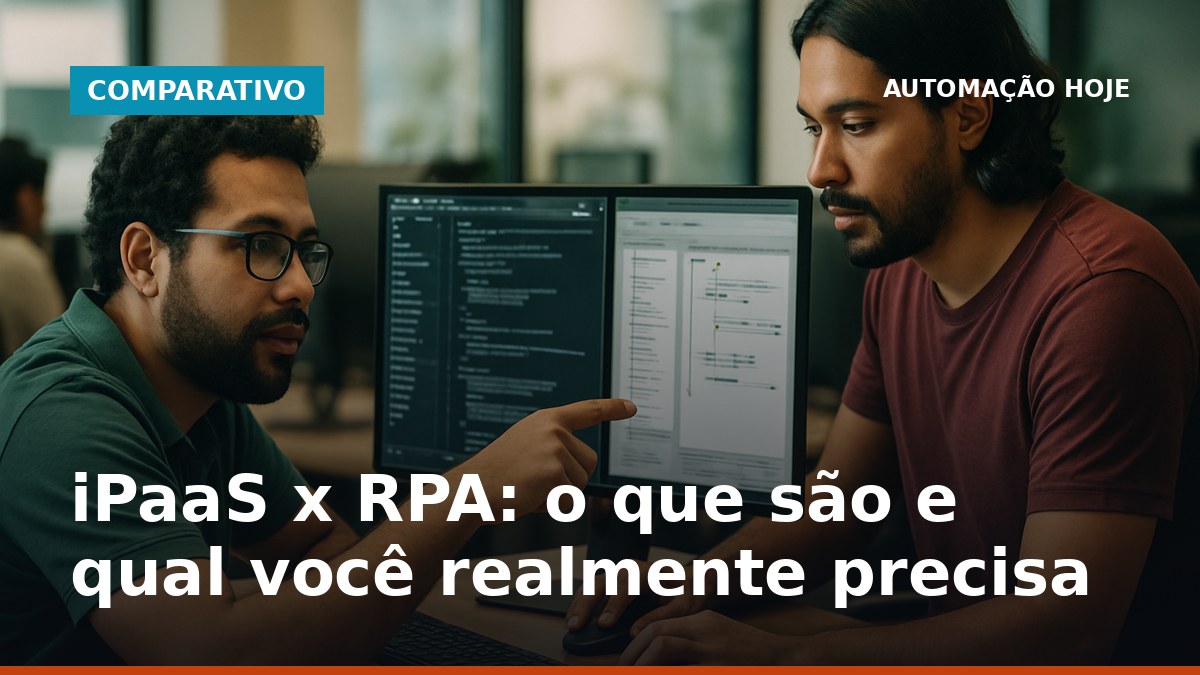Profissionais de TI brasileiros analisam integração iPaaS e automação RPA lado a lado em escritório