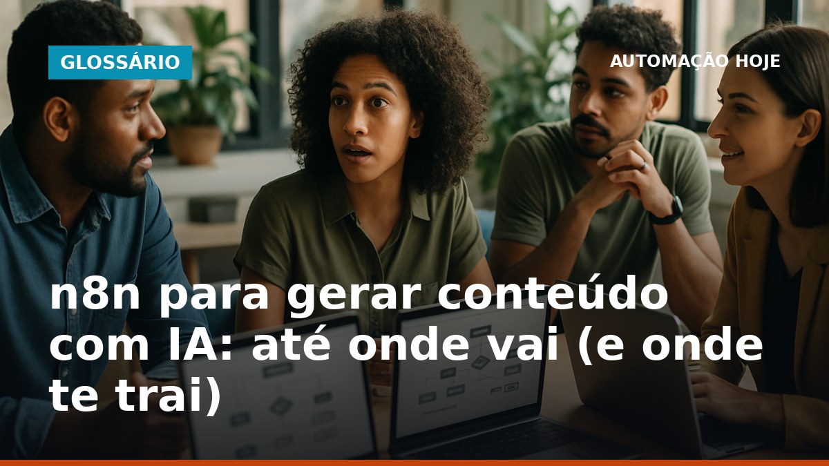 Equipe brasileira discutindo automação de conteúdo com IA usando n8n em ambiente profissional