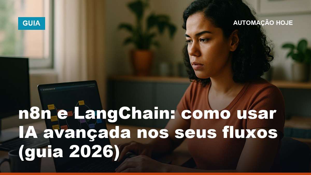 Desenvolvedora brasileira montando fluxo de IA com nós LangChain no n8n na tela do notebook