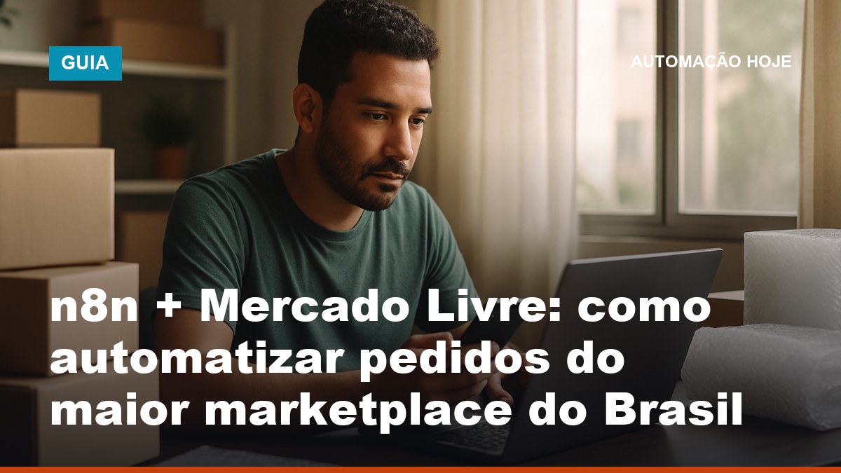 Vendedor brasileiro conferindo pedidos do Mercado Livre automatizados com n8n no computador em escritório de e-commerce