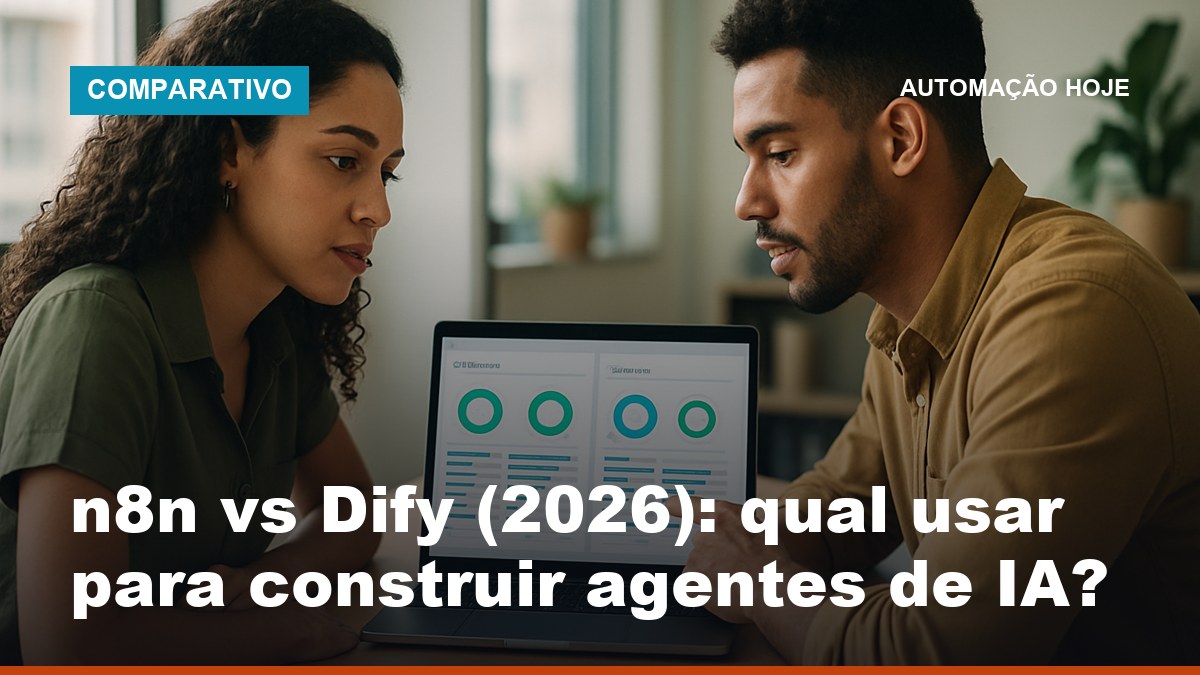 Time comparando n8n vs Dify para construir agentes de IA em notebook no escritório