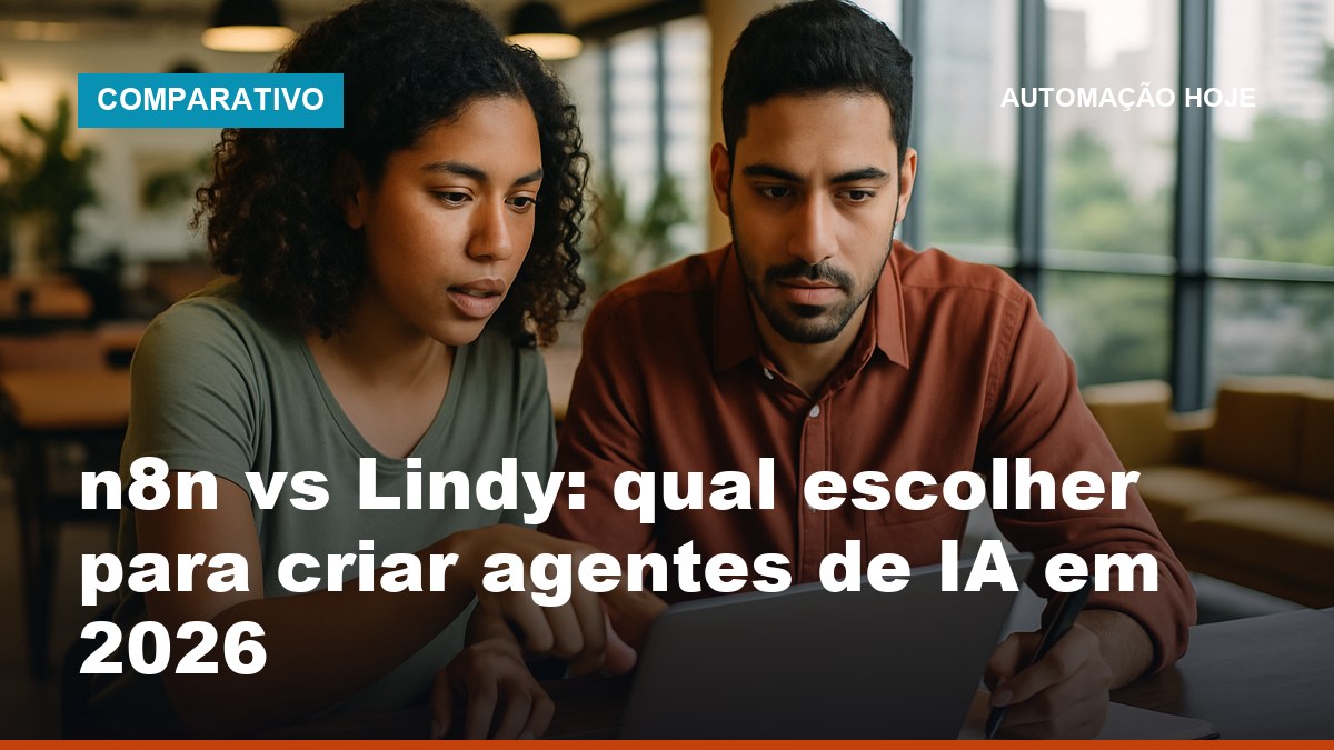 Comparativo n8n vs Lindy: profissionais brasileiros avaliando qual ferramenta de agente de IA usar no notebook.