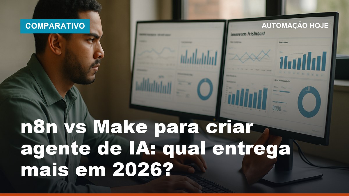Profissional comparando n8n e Make para criar agente de IA em dois monitores no escritório