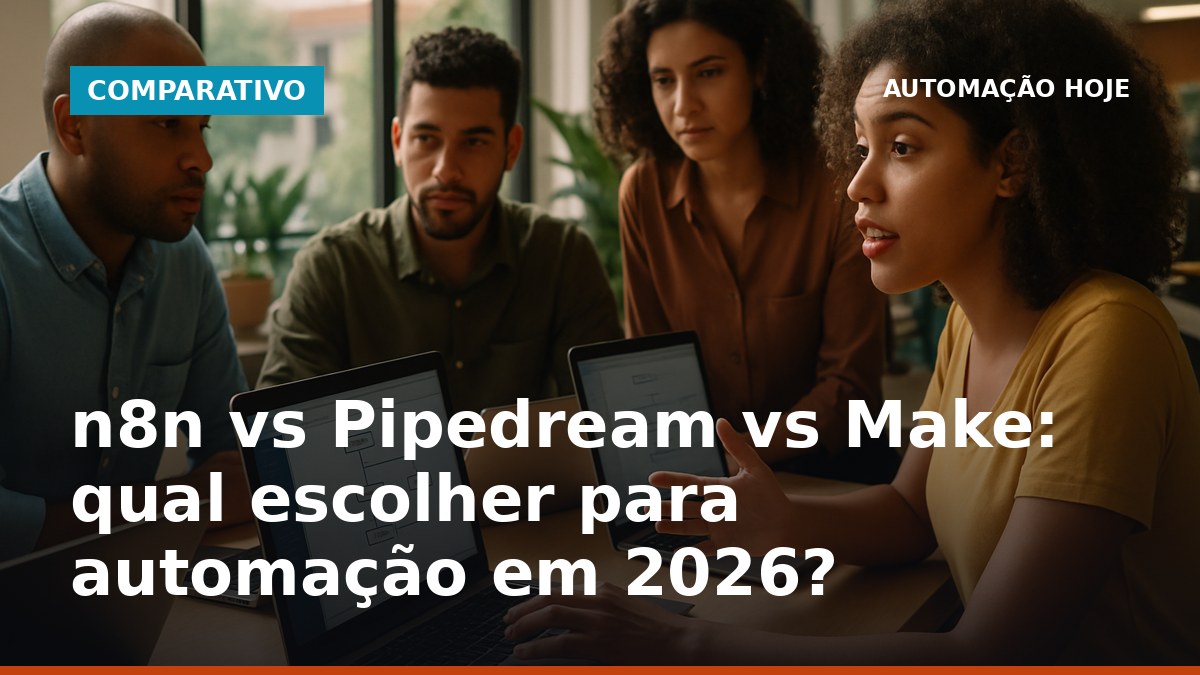 Equipe brasileira analisando fluxos de automação em notebooks, comparando n8n, Pipedream e Make em ambiente corporativo