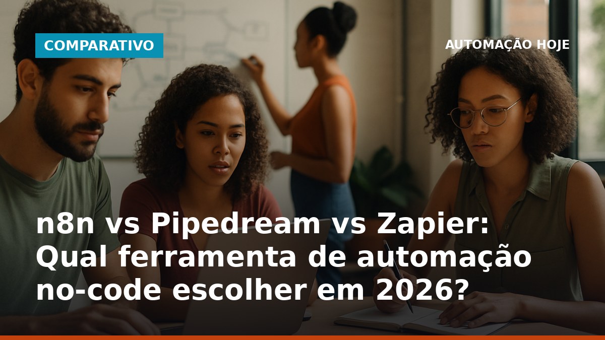 Profissionais brasileiros analisando n8n, Pipedream e Zapier para automação no-code em 2026