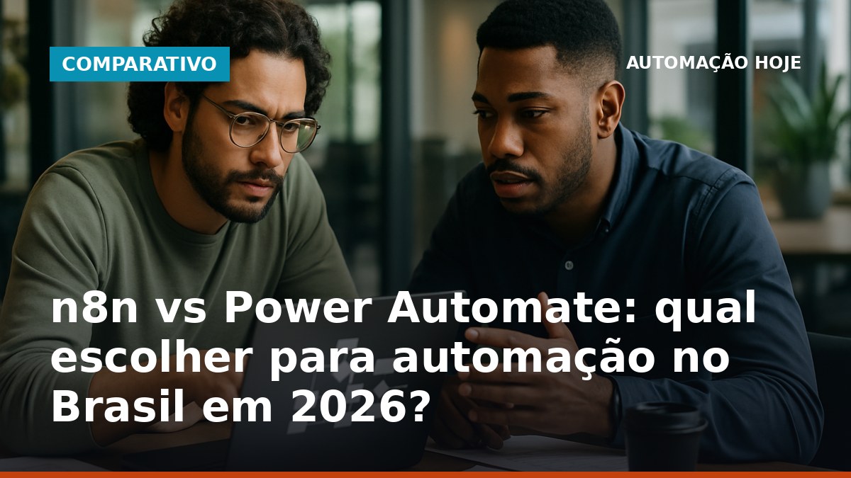 Dois profissionais brasileiros comparando n8n e Power Automate em um escritório.