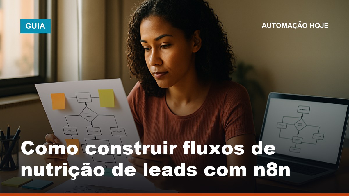 Analista de marketing brasileira revisando fluxo de nutrição de leads com cadência e-mail e WhatsApp no n8n