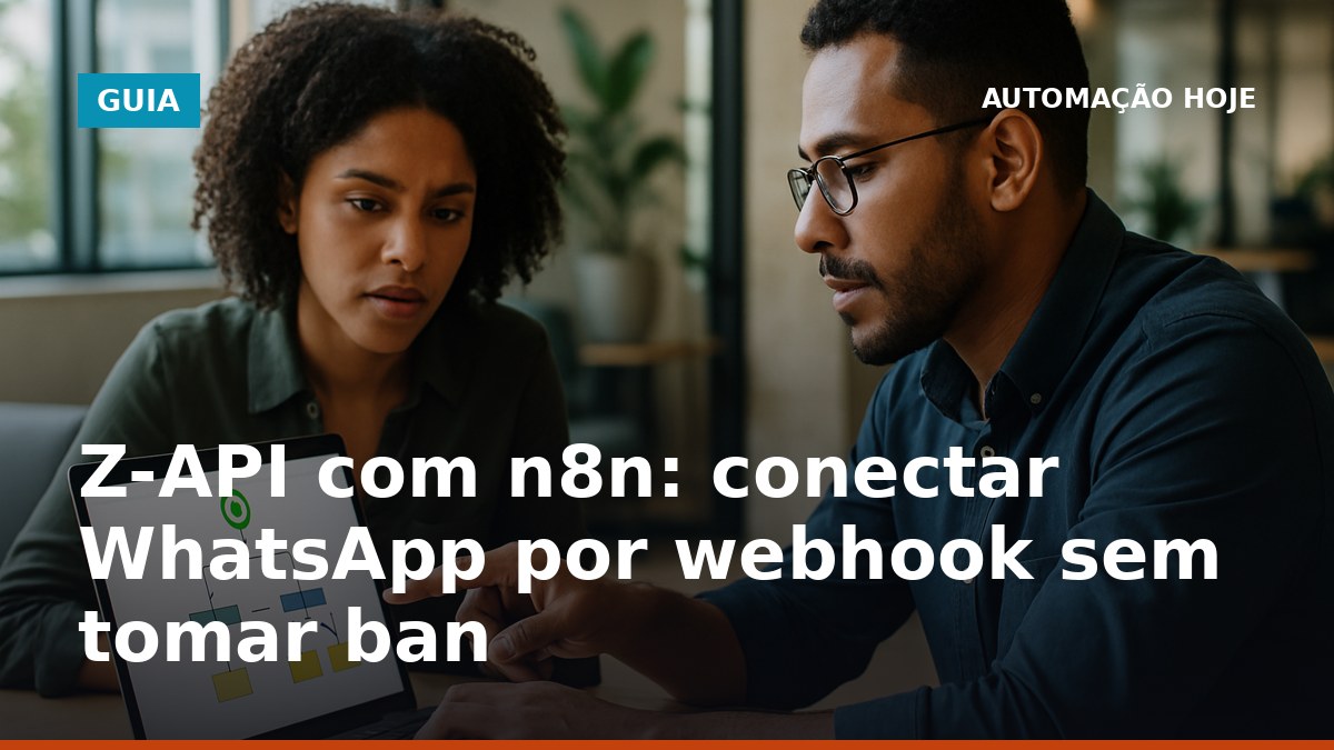 Dois profissionais analisam automação WhatsApp com Z-API e n8n no notebook em ambiente de trabalho brasileiro.